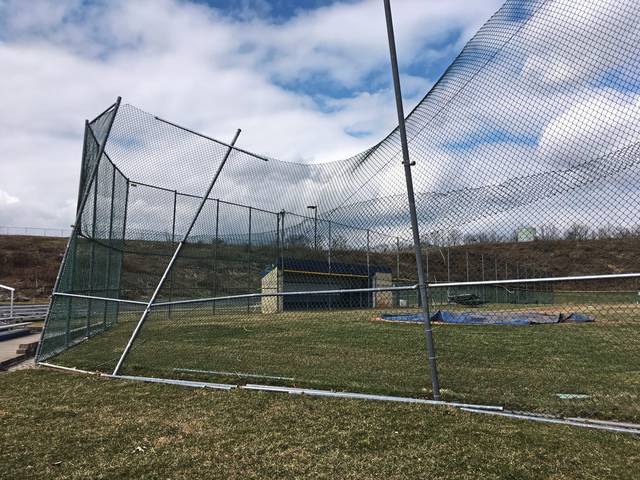 Hempfield baseball field backstop damaged by wind