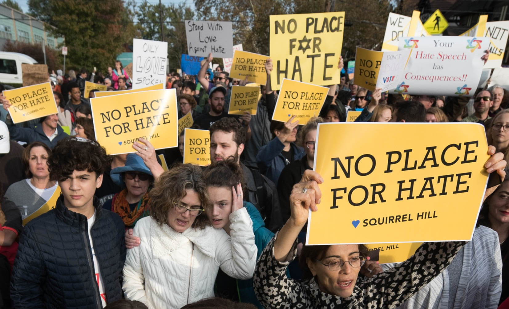Marchers on Forbes Avenue protest President Donald Trump's visit to the Tree of Life synagogue on Oct. 30, 2018.
