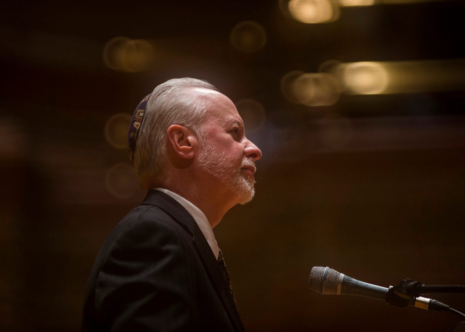 Rabbi Jeffery Myers, of Tree of Life, addresses attendees at a community interfaith vigil inside of Soldiers and Sailors Memorial Hall and Museum Oakland on Sunday, Oct. 28, 2018.