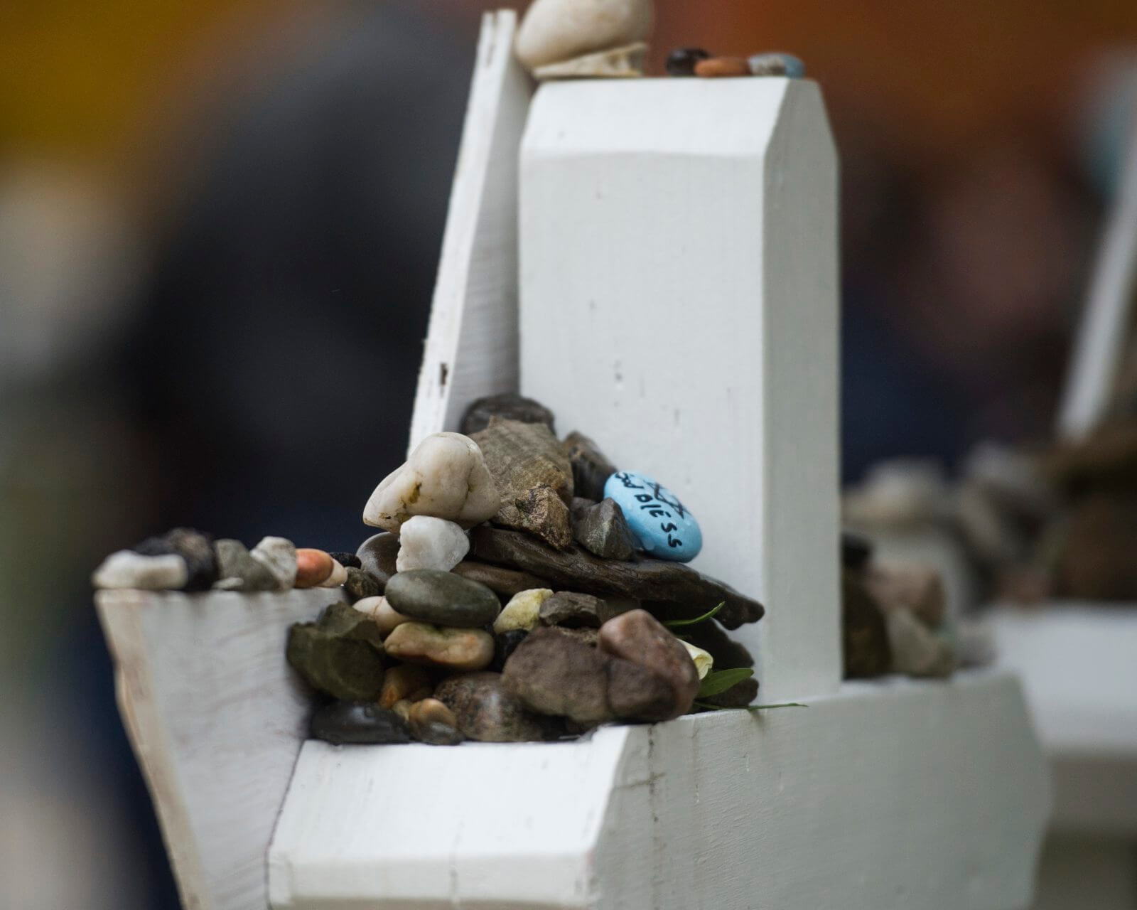 Pebbles atop memorials outside of Tree of Life on Nov. 3, 2018.