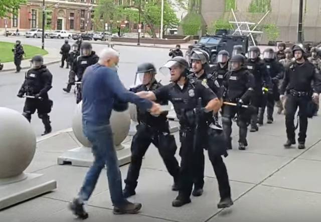 Officers suspended after man, 75, is shoved on video, bleeds