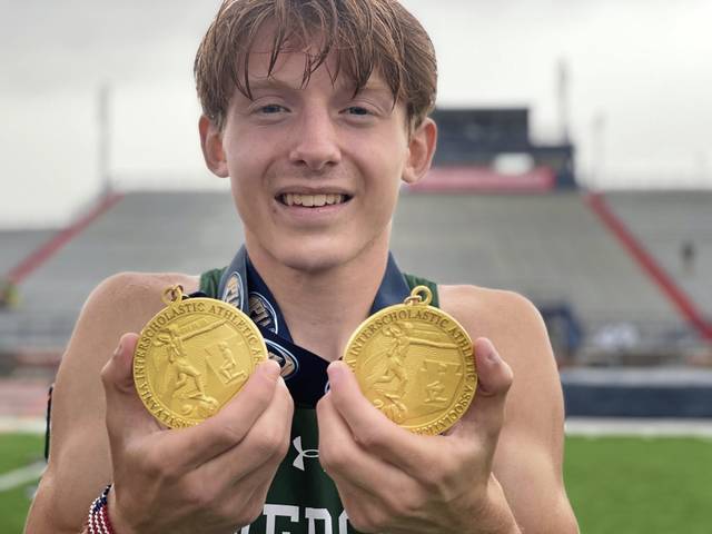 Gold doesn’t rust in the rain for Riverside runner Colby Belczyk, relay teammates