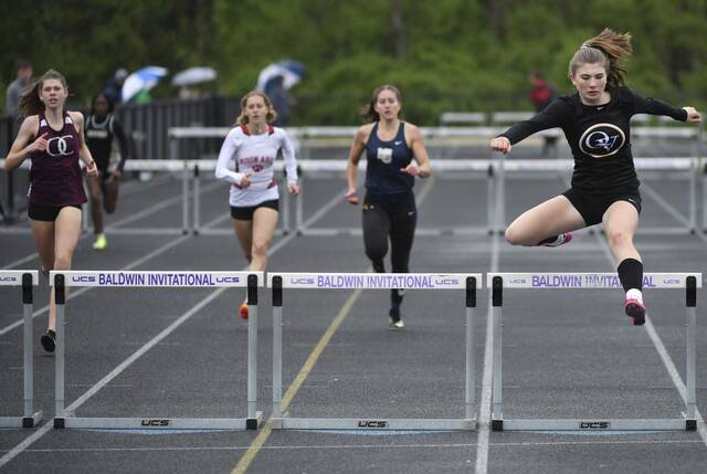 Rain soaks Baldwin Invitational but doesn’t dim Quaker Valley hurdler’s sunny outlook