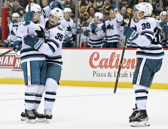 April 23, 2019: San Jose Sharks forward Logan Couture (39) celebrates as  the San Jose Sharks take the lead during game seven of the first round of  the the Stanley Cup playoffs