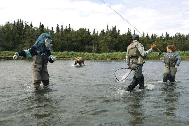 Kraken mascot has a close encounter with a brown bear during video shoot in Alaska