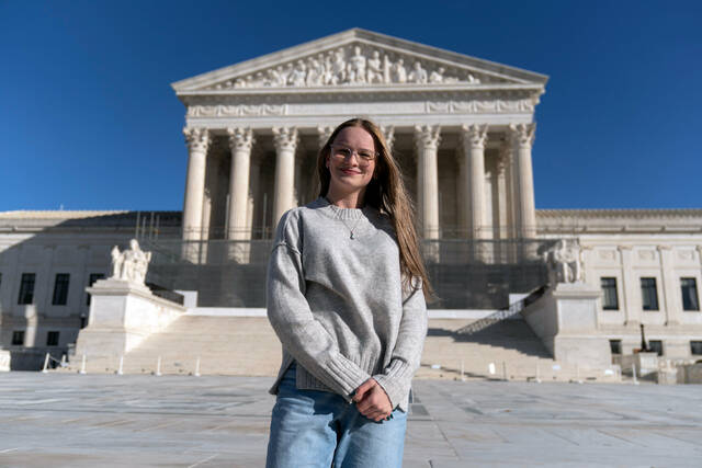 
			
				                                Becky Pepper-Jackson poses Jan. 11 outside of the U.S. Supreme Court in Washington. (AP)

			
		