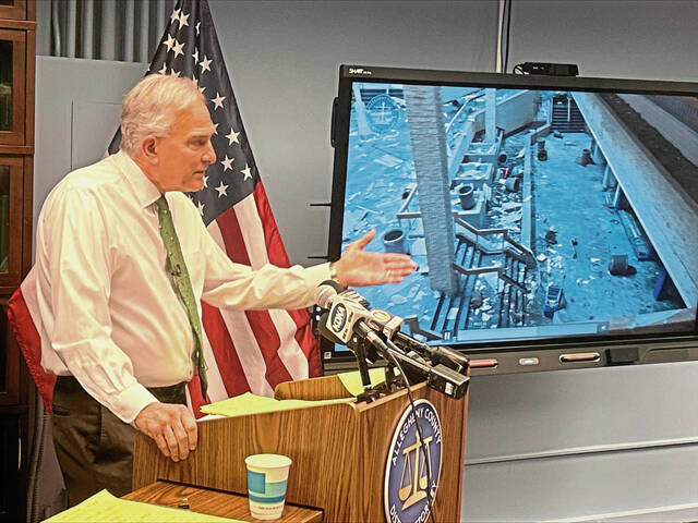 
			
				                                Allegheny County District Attorney Stephen A. Zappala Jr. speaks with reporters Wednesday about demolition of the former Century III Mall. (Justin Vellucci | TribLive)

			
		