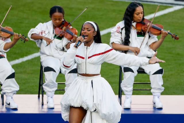 
			
				                                Grammy Award-winner Coco Jones performs Lift Every Voice and Sing during pregame festivities for Super Bowl LX between the Seattle Seahawks and the New England Patriots in Santa Clara, Calif. (San Francisco Chronicle)

			
		