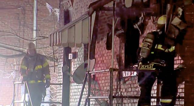 
			
				                                Firefighters battle a three-alarm blaze at a duplex on Elm Way in Braddock on Friday. (WTAE)

			
		