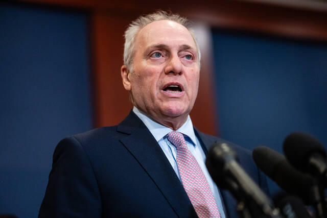 House Majority Leader Steve Scalise (R-La.) speaks to reporters Tuesday at the Capitol in Washington, amid closed-door briefings for members of Congress on the ongoing conflict with Iran. (Eric Lee/The New York Times)