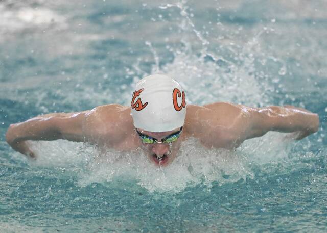 Latrobe senior Chris Heese pumped up for PIAA swim meet