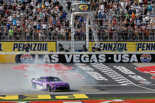 Denny Hamlin storms back to win at Las Vegas after early penalty