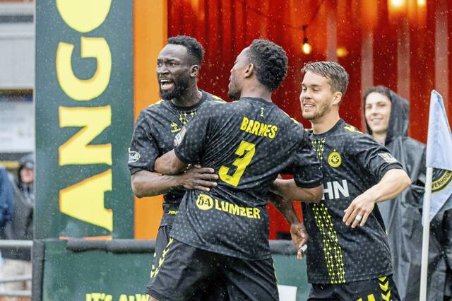 Albert Dikwa scores twice, including just 2 minutes into the game, to lead Riverhounds