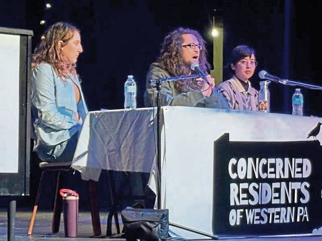 
			
				                                Environmental advocates Nina Victoria, Jay Ting Walker and Kat Marquez speak about the proposed Homer City power plant and data centers at a meeting in January. (Kellen Stepler | TribLive)

			
		