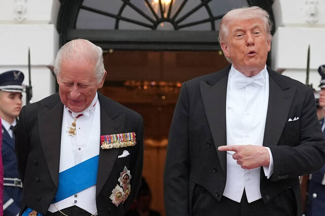 
			
				                                President Donald Trump greets Britains King Charles III at the South Portico of the White House for a State Dinner in Washington. (AP)

			
		