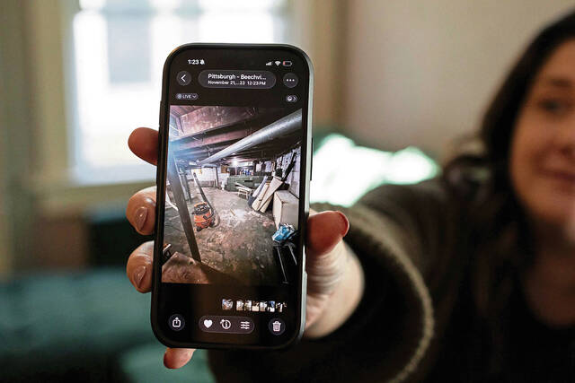 
			
				                                Kirsten Heibert shows a before image of chipped lead paint in the basement of the Beechview home she shares with her partner, Derek Martin. The couple recently had lead paint removal completed at their home through the Allegheny Lead-Safe Homes Program. (Kristina Serafini | TribLive)

			
		