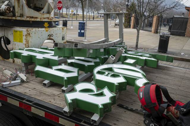 
			
				                                The Pittsburgh Post-Gazette sign sits on a truck after being removed from the newspapers building in downtown Pittsburgh on Thursday, Feb. 19, 2026. (Massoud Hossaini | TribLive)

			
		