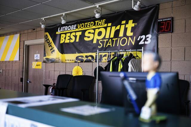 
			
				                                Promotional materials for Spirit Airlines still hangs on the walls at an empty customer service counter at Arnold Palmer Regional Airport on Monday, May 4, 2026, in Latrobe. (Shane Dunlap | TribLive)

			
		