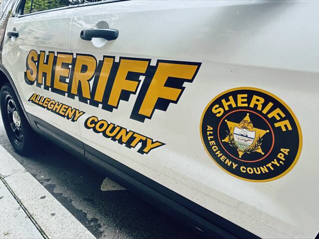 An Allegheny County Sheriffs Office cruiser is parked on Forbes Avenue in Downtown Pittsburgh on Tuesday, April 28, 2026. (Justin Vellucci |TribLive)