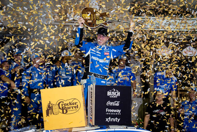 Denny Hamlin storms back from a pole-start penalty to win at Nashville Superspeedway